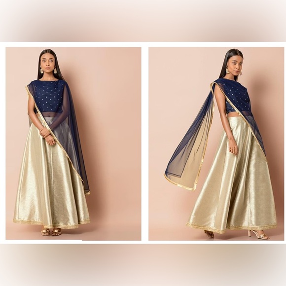 Navy embroidered mesh drape blouse with dupatta - Picture 1 of 3